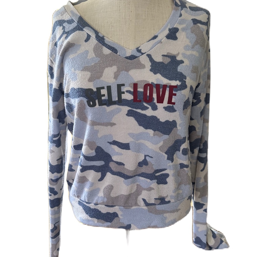 Peace Love World Women’s Blue Camouflage Self  Love Top. Size XS/ Small